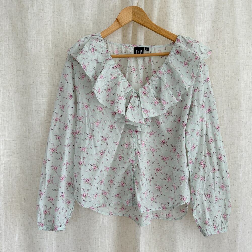 Gap Blouse Women Medium Blue Floral Cotton Ruffle Coquette Romantic Cottagecore - Picture 5 of 11